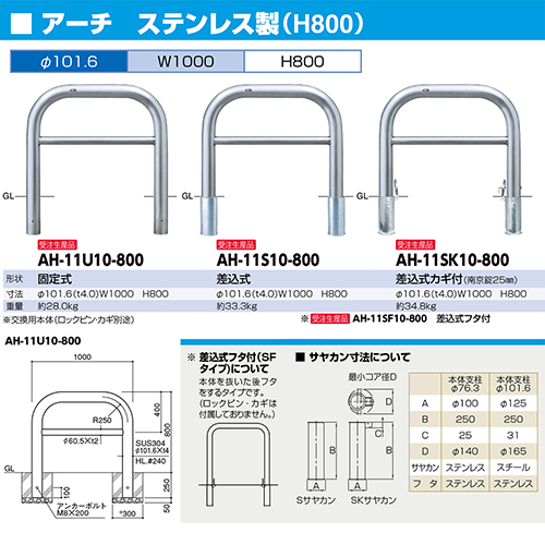 アーチ 車止め 交換用本体のみ φ101.6(t4.0)×W1000×H800mm カラー