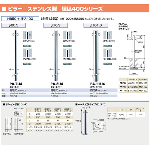 s[ Ԏ~ 400 101.6(t2.0)~H850{400mm J[:XeX [PA-11U4-F01] T|[ 󒍐Yi LZs [1 [J[